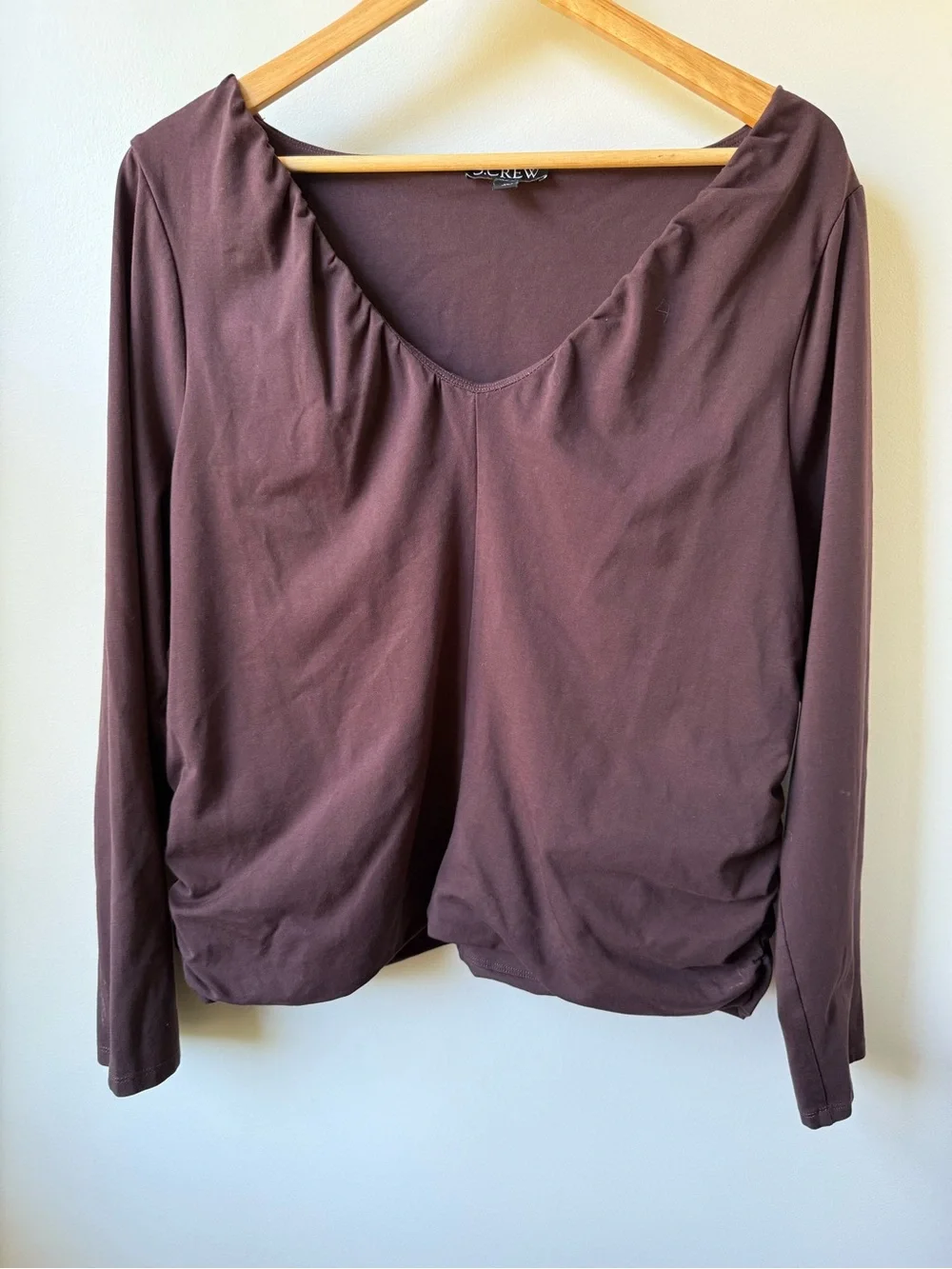 J CREW Stretch Cotton Blend Ruched V Neck Top Cocoa Berry Brown Minimalist 2X